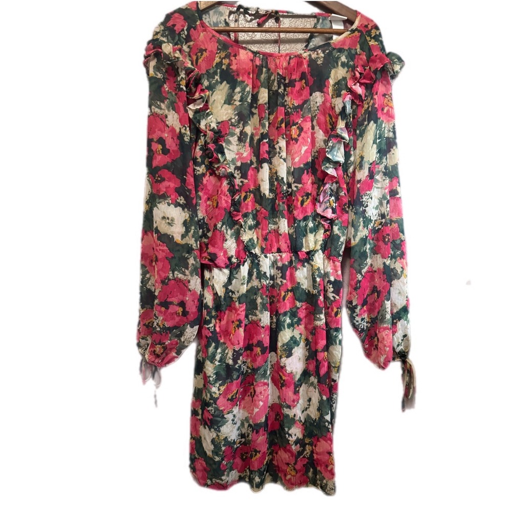 H&M Floral Ruffle Mini Dress Womens Size L Pink Green Excellent Long Sleeve Boho